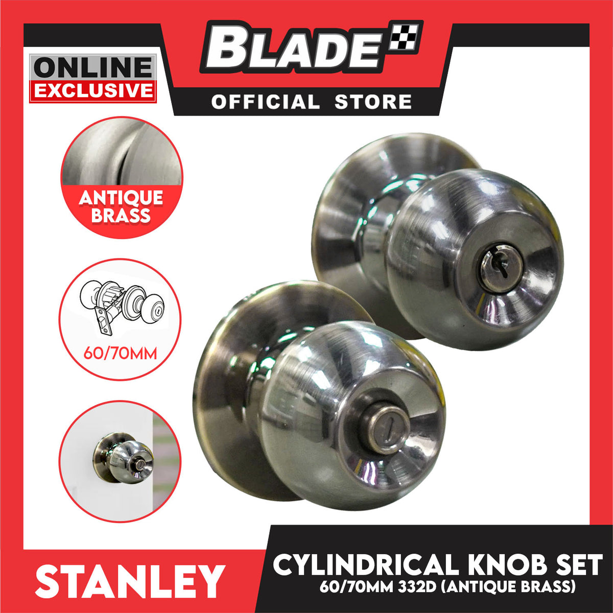 Stanley Cylindrical Door Knob Set 60/70MM 332D (Antique Brass) Door Knob Lock Set