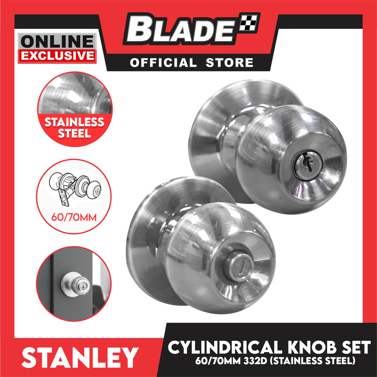Stanley Cylindrical Door Knob Set 60/70MM 332D (Stainless Steel) Door Knob Lock Set