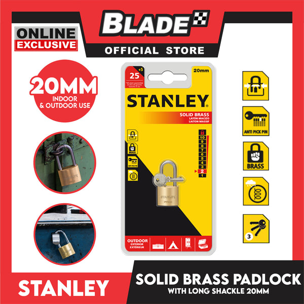 Stanley Solid Brass Long Padlock with Long Shackle 20mm Heavy Duty Security Padlock Long