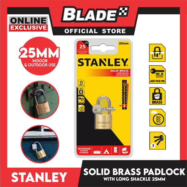 Stanley Solid Brass Long Padlock with Long Shackle 25mm Heavy Duty Security Padlock Lock
