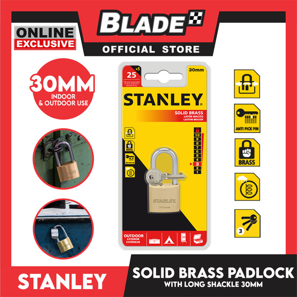 Stanley Solid Brass Long Padlock with Long Shackle 30mm Heavy Duty Security Padlock Long