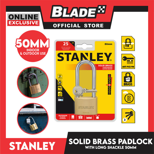 Stanley Solid Brass Long Padlock with Long Shackle 50mm Heavy Duty Security Padlock