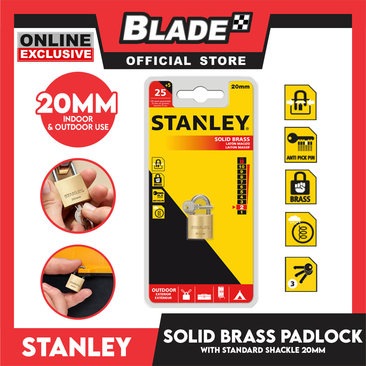 Stanley Solid Brass Padlock with Standard Shakle 20mm Heavy Duty Security Padlock