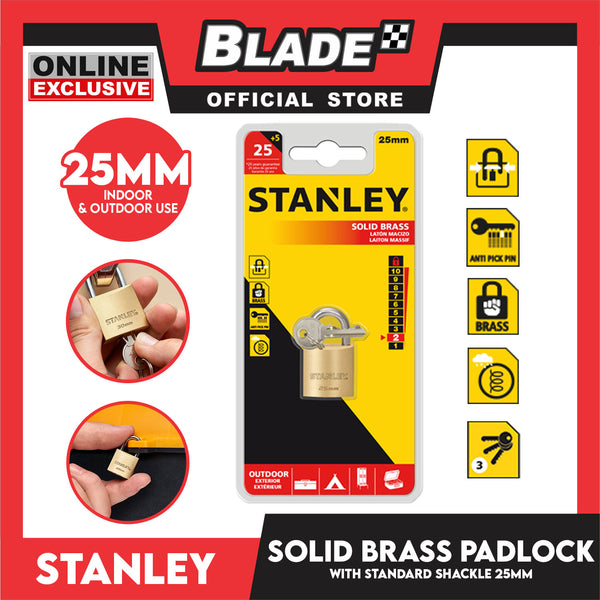 Stanley Solid Brass Padlock with Standard Shakle 25mm Heavy Duty Security Padlock