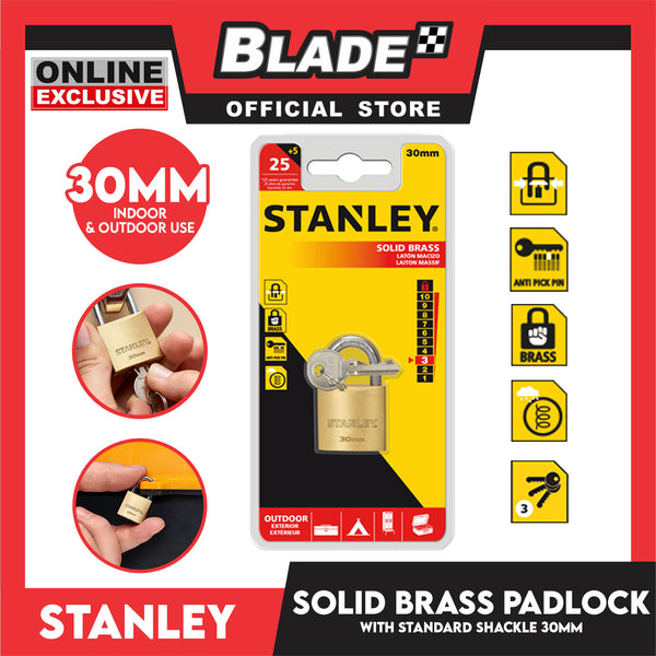 Stanley Solid Brass Padlock with Standard Shakle 30mm Heavy Duty Security Padlock