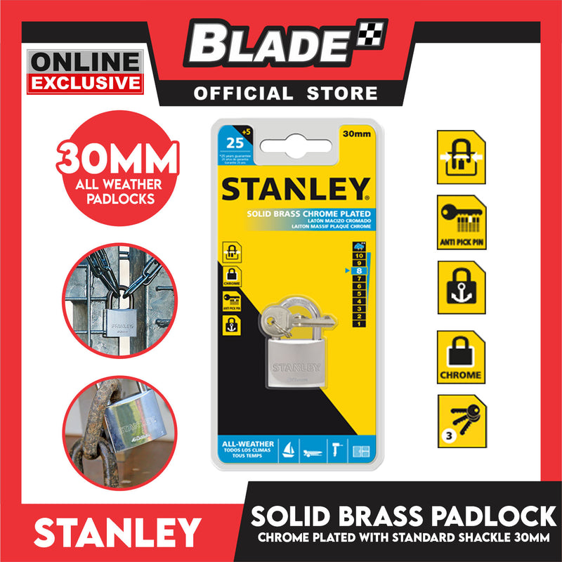 Stanley Solid Brass Padlock Chrome Plated with Standard Shakle 30mm Heavy Duty Security Padlock