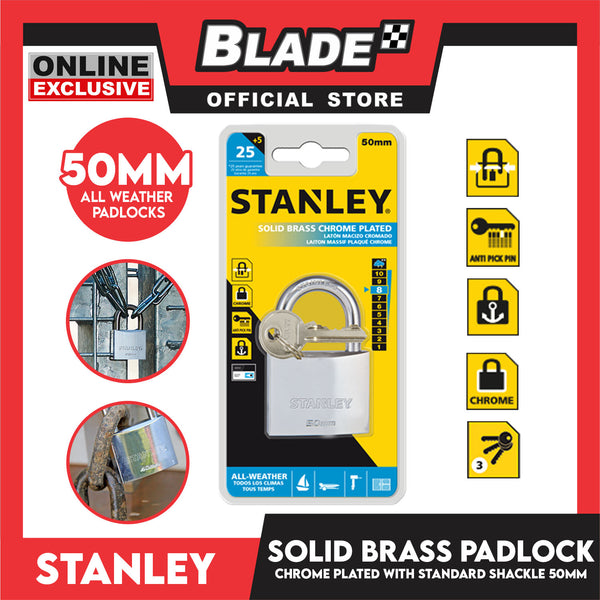 Stanley Solid Brass Padlock Chrome Plated with Standard Shakle 50mm Heavy Duty Security Padlock