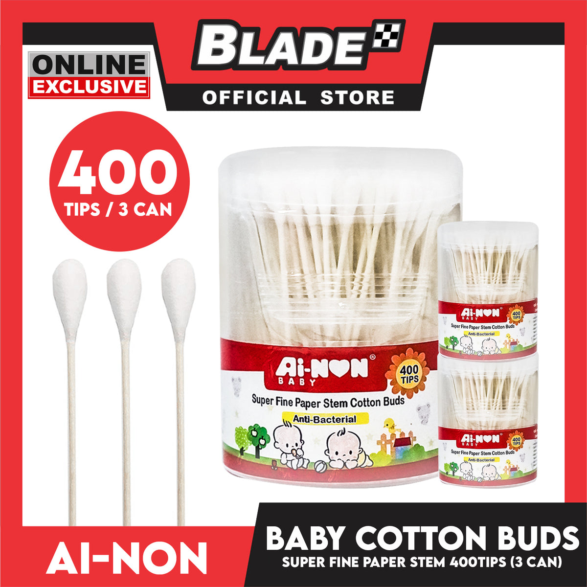 Ainon Baby Super Fine Power Stem Cotton Buds 400 Tips AN514B (Set of 3)