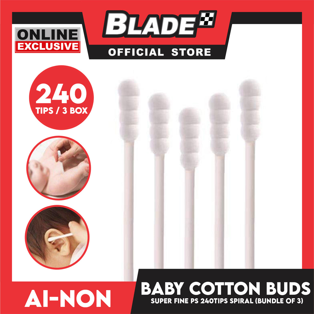 Ainon Baby Super Fine Power Stem Cotton Buds Spiral 240 Tips AN517B (Set of 3)