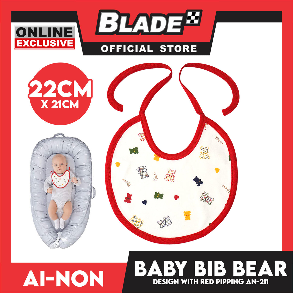 Ainon Baby Bib Bear Design with Red Pipping AN-211R (Red)