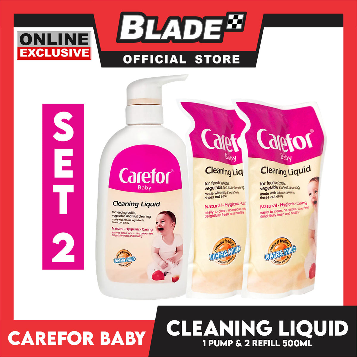 Carefor Baby Cleaning Liquid Pump with 2pcs Cleaning Refill 500ml (Set 2)