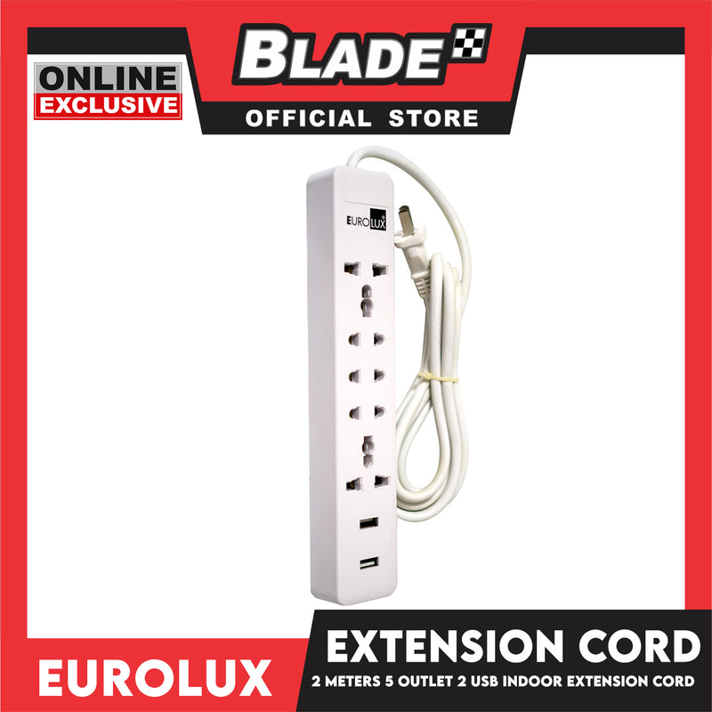 Eurolux 2Meters Extension Cord 5 Outlet 2 USB Periquet Universal Plug Wall Mount for Home Office and Dorm