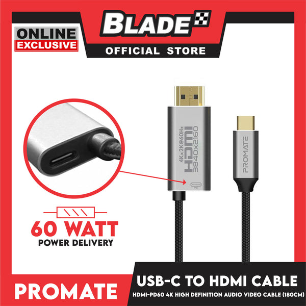 Promate Fabric Braided Cable USB-C to HDMI Cable HDMI-PD60 4k High Definition (Grey)