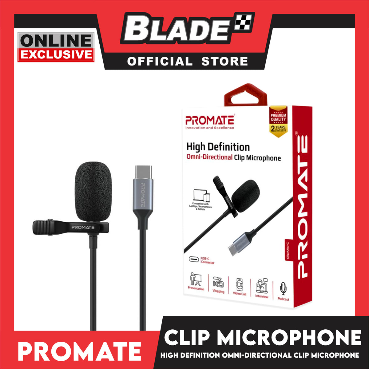 Promate Omni-Directional Clip Microphone ClipMic-C 150cm Compatible with Laptops, Smartphones and Tablets