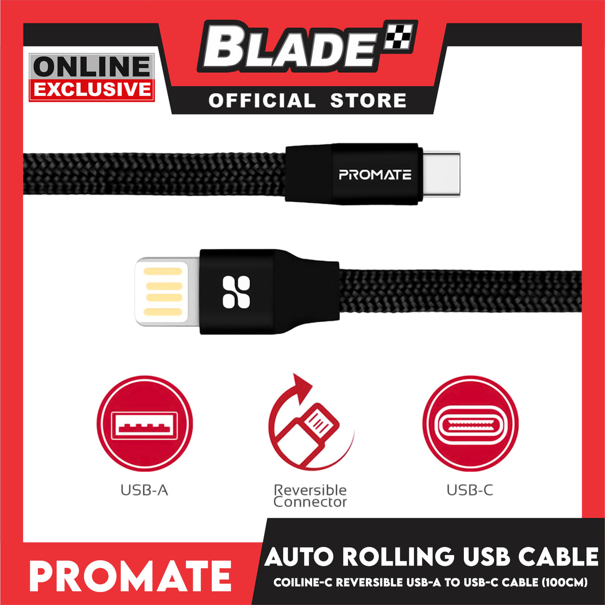 Promate 1M USB-A to USB-C Cable Auto Rolling Coiline-C (Black) Highly Durable Fabric Braided USB