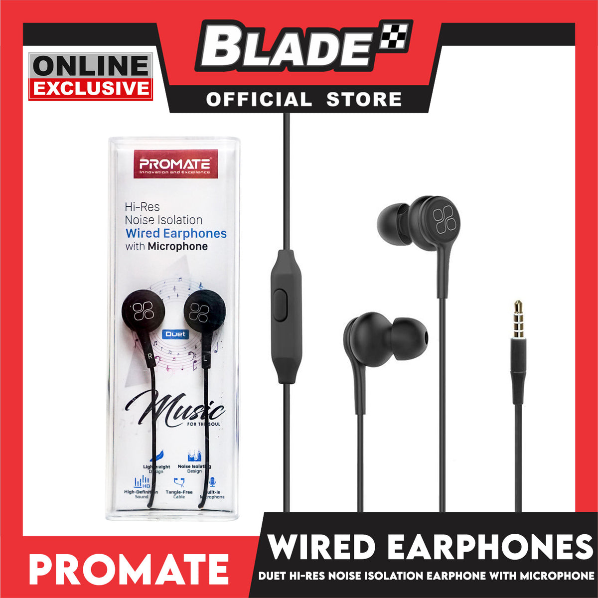 Promate Wired Earphones with Microphone Duet Hi-Res Noise Isolation (Black)