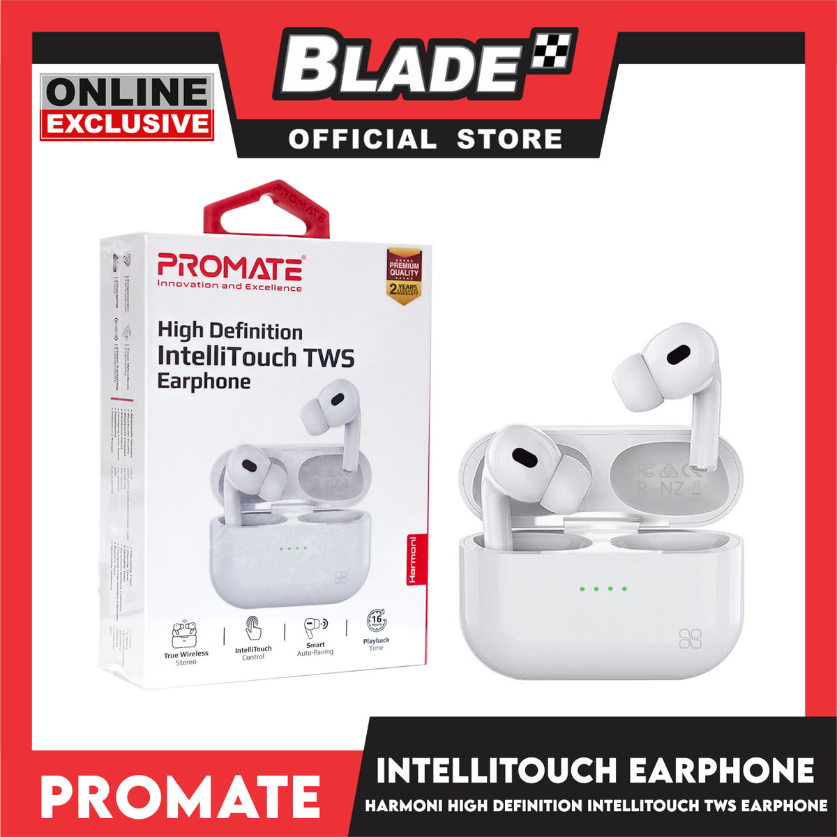 Promate Bluetooth Earphone with Charging Case 400mah Harmoni (White) High Definition Intellitouch TWS Earphone Wireless Earbuds Headphones