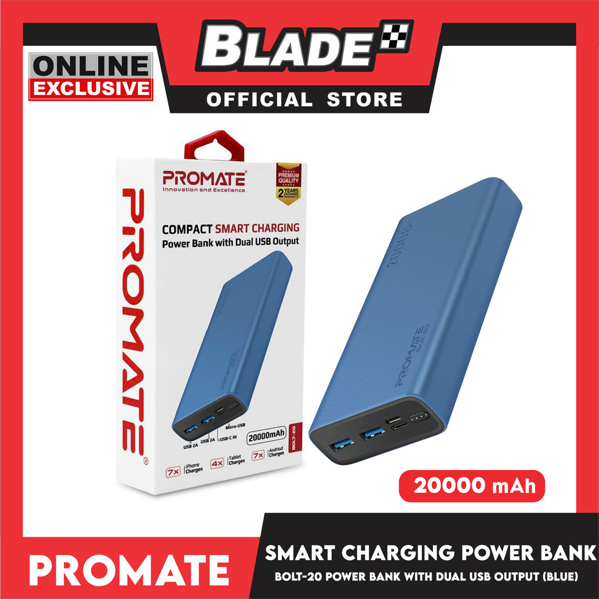 Promate Power Bank with Dual USB Output 20000mAh Bolt-20 (Blue) Compact Smart Charging