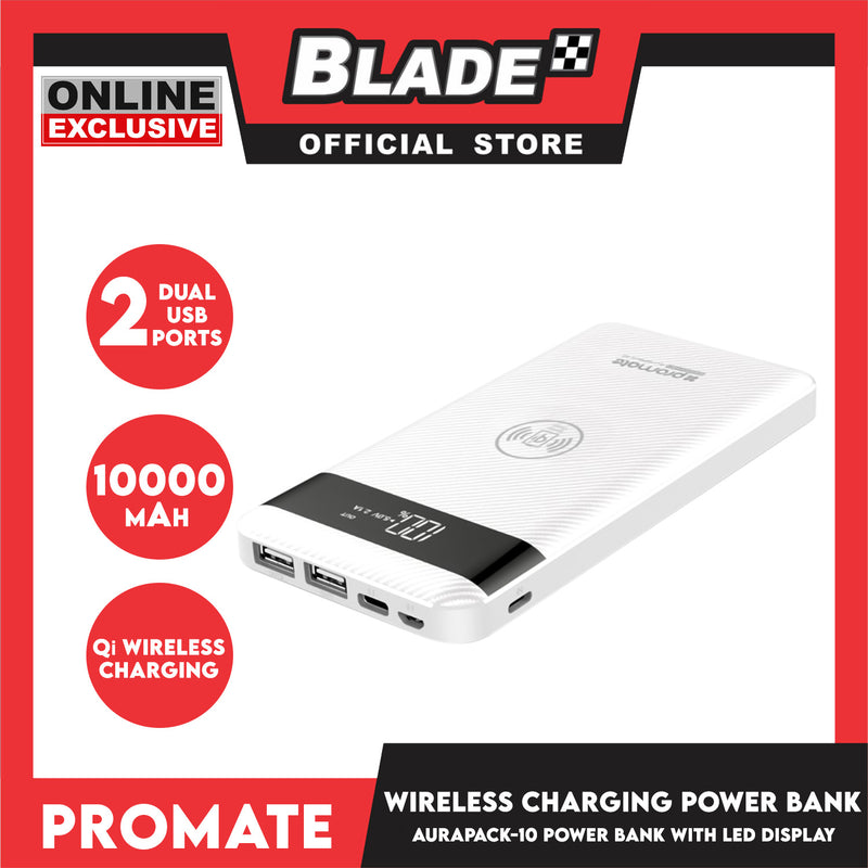 Promate Wireless Charging Power Bank with LED Display 10000mAh Aurapack-10 (White)