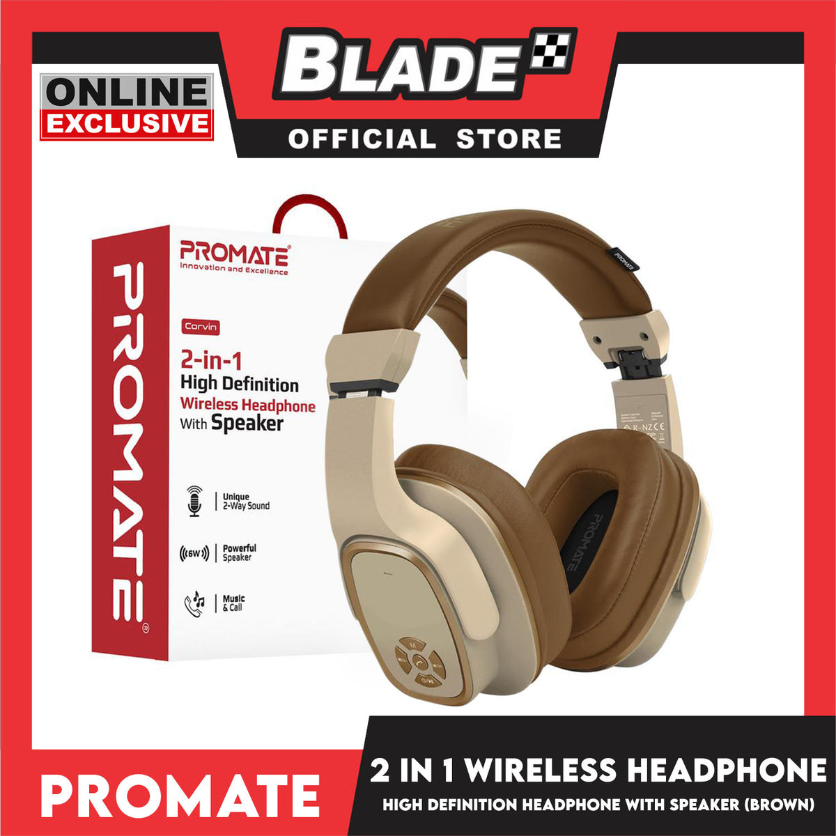 Promate Wireless Headphone with Speaker 2-in-1 High Definition Corvin Bluetooth v5.0 Headphone Brown