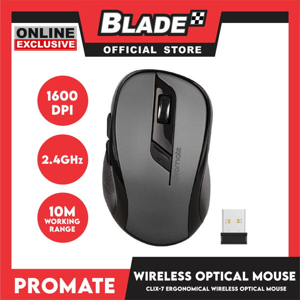 Promate Wireless Optical Mouse Ergonomic Clix-7 (Black)