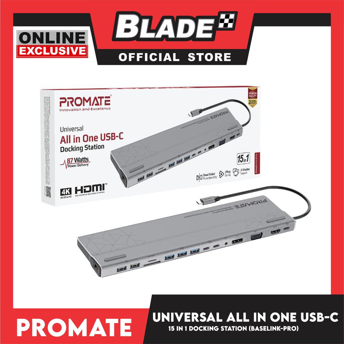 Promate Universal All in One USB-C Docking Station 87W BaseLink-Pro (Grey)