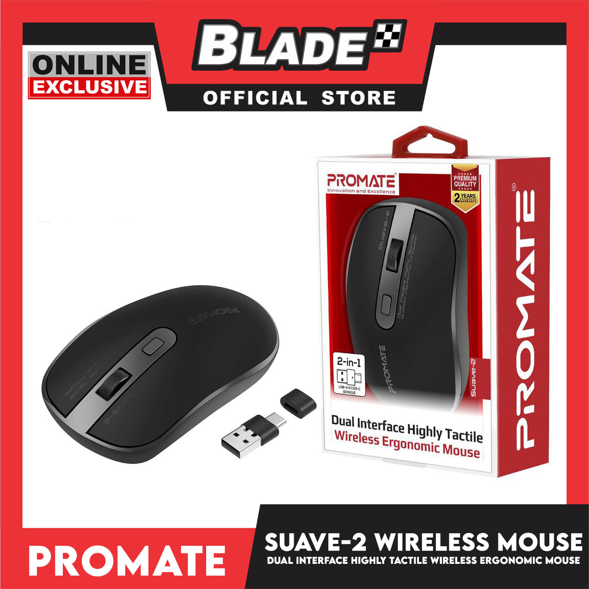 Promate Wireless Ergonomic Mouse Suave-2 (Black) Dual Interface Highly Tactile