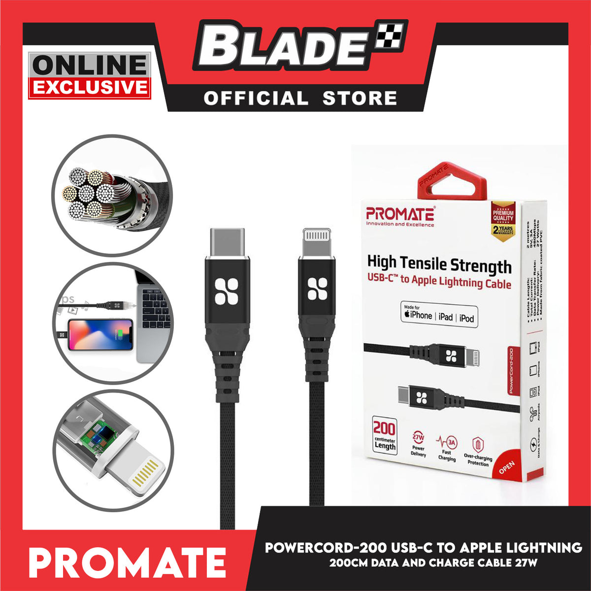 Promate 200cm USB-C Lightning Cable PowerCord-200 27W (Black) High Tensile Strength