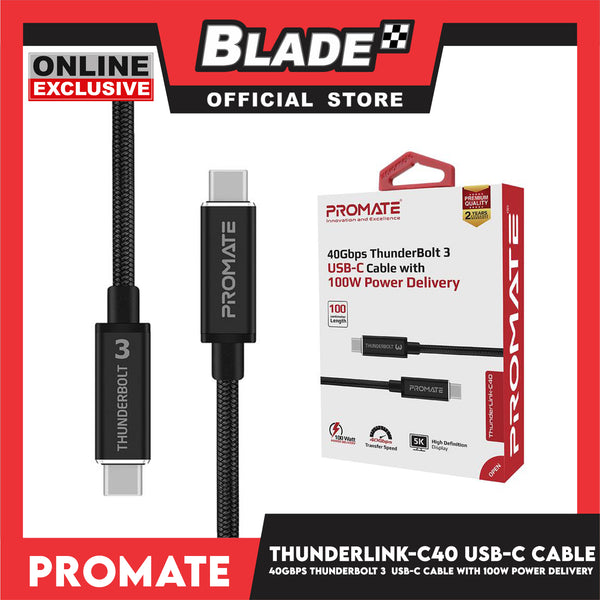 Promate 100cm USB-C Cable with 100W Power Delivery 40Gbps ThunderBolt 3 (Black) ThunderLink-C40