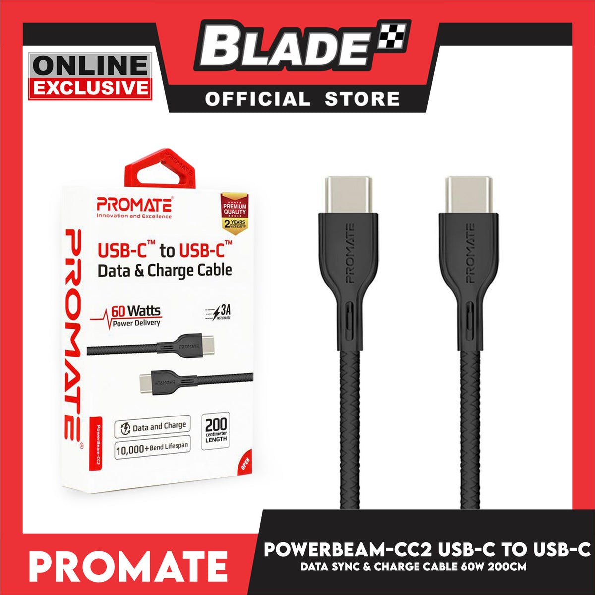 Promate 200cm Data and Charge Cable PowerBeam-CC2 60W (Black) USB-C to USB-C