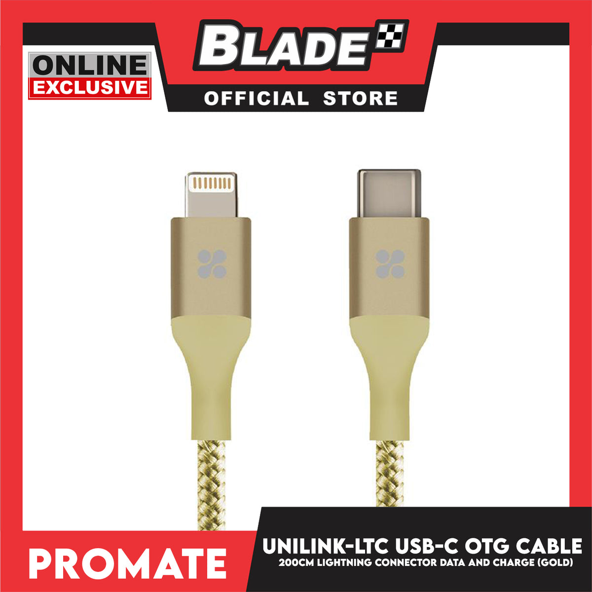 Promate 200cm USB-C OTG Cable with Lightning Connector UniLink-LTC2 (Gold) Data and Charge, Fast Charging