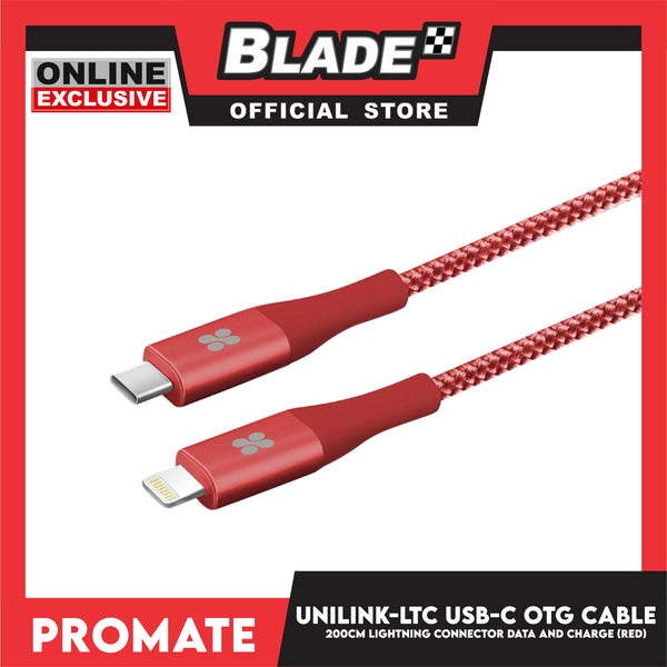 X Promate 120cm USB-C OTG Cable with Lightning Connector UniLink-LTC (Red) Data and Charge, Fast Charging