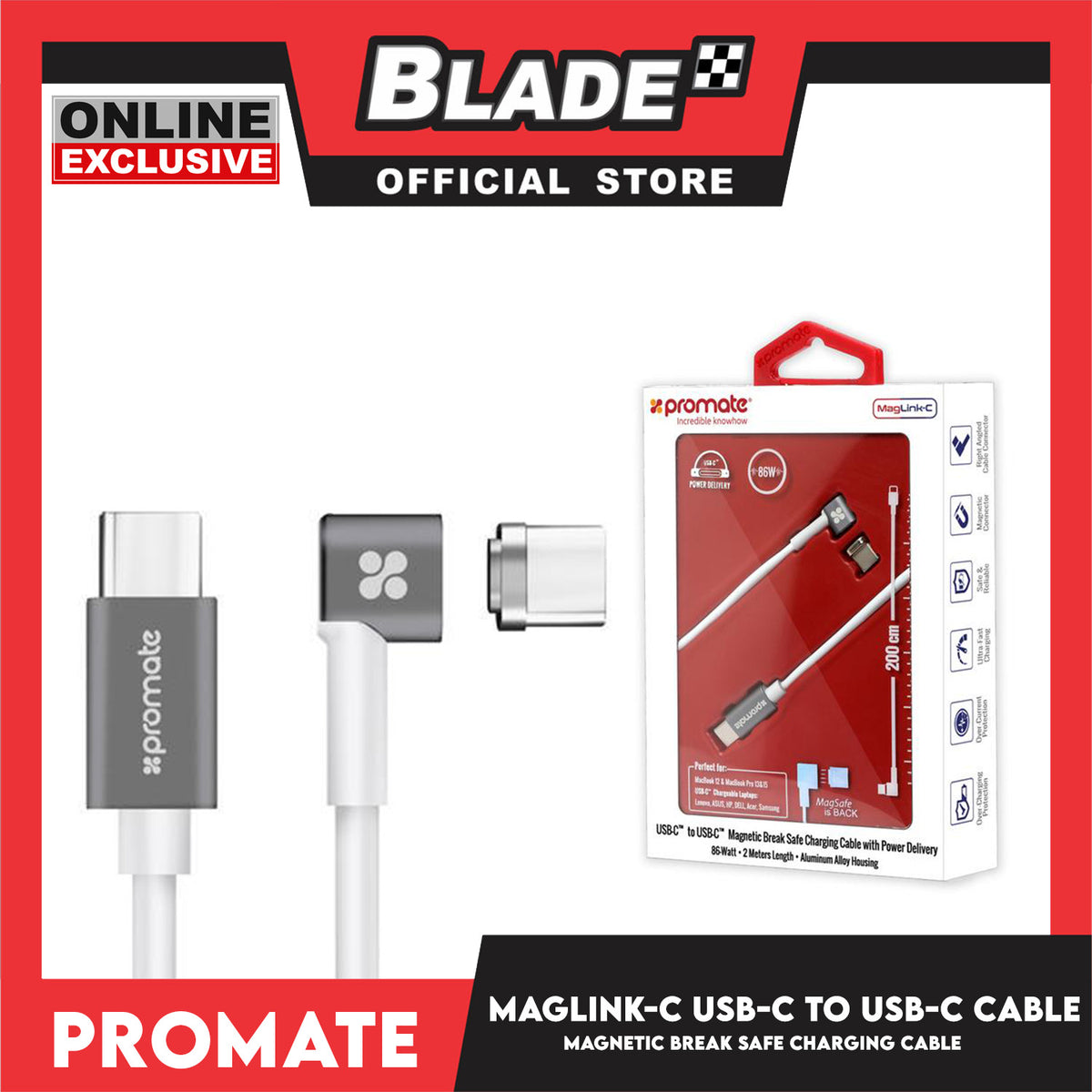 Promate 200cm USB-C to USB-C Magnetic Break Safe Charging Cable with Power Delivery MagLink-C 86W (White)