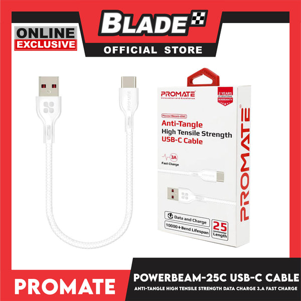 Promate 25cm USB-C Cable Anti-Tangle PowerBeam-25C (White) High Tensile Strength Data Charge 3.A Fast Charge