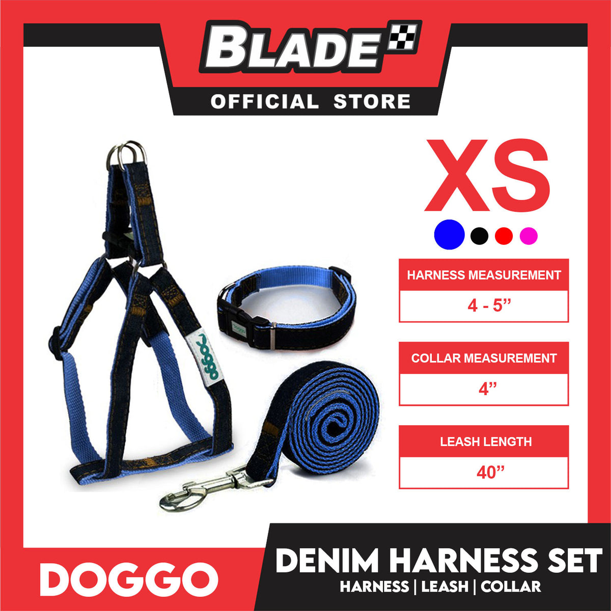 Doggo Strong Harness Set Denim Design Extra Small (Blue) Harness, Leash and Collar for Your Dog