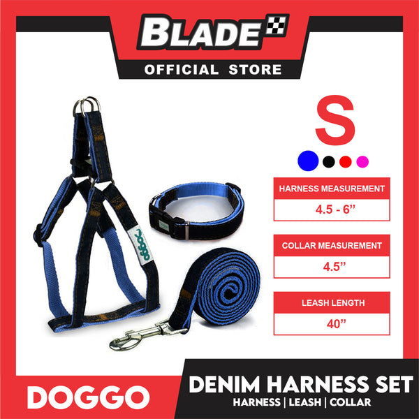 Doggo Strong Harness Set Denim Design Small (Blue) Harness, Leash and Collar for Your Dog