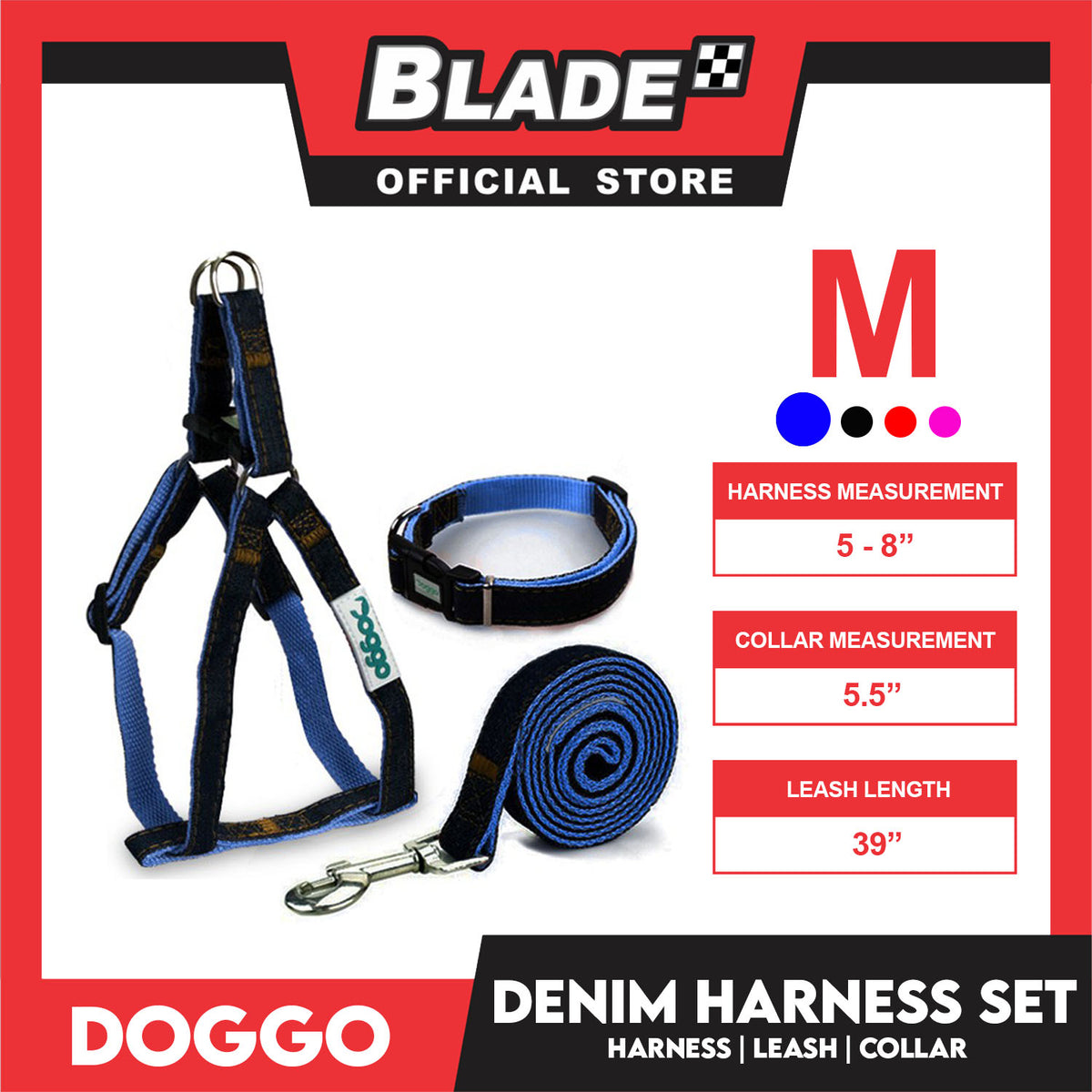 Doggo Strong Harness Set Denim Design Medium (Blue) Harness, Leash and Collar for Your Dog