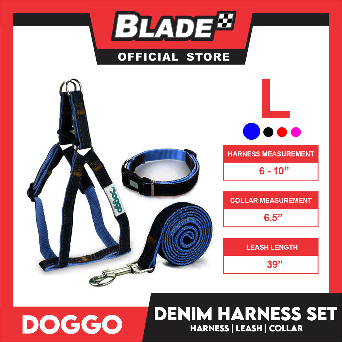Doggo Strong Harness Set Denim Design Large (Blue) Harness, Leash and Collar for Your Dog