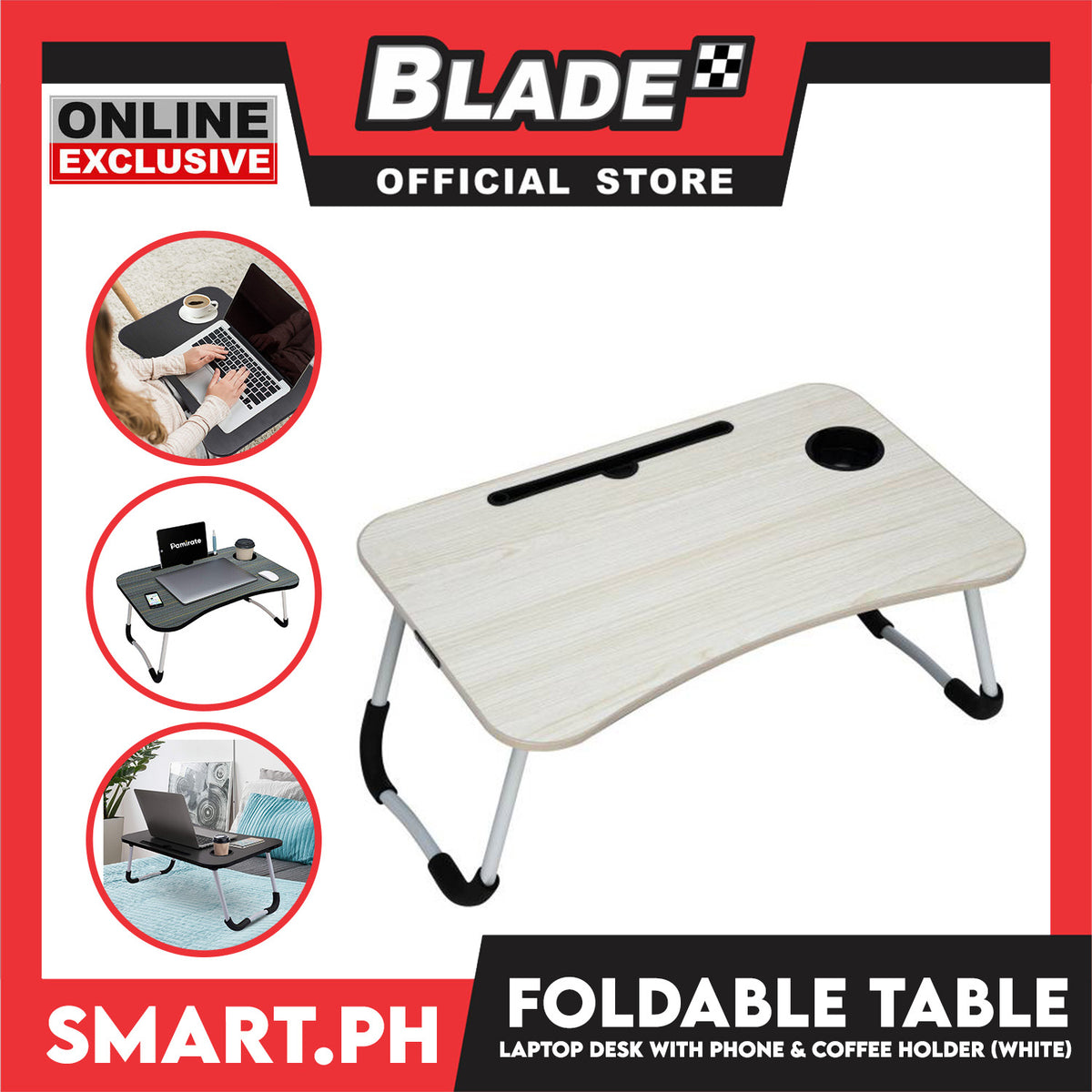Portable Folding Table for Study, Laptop Desk, Mini Laptop Support Tray for Sofa Bed (White) 60 x 40 x 28cm