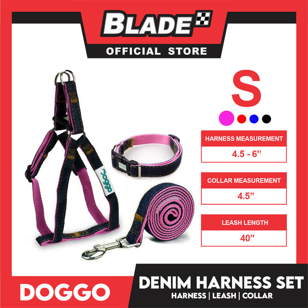 Doggo Strong Harness Set Denim Design Small (Pink) Harness, Leash and Collar for Your Dog