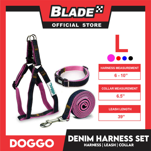 Doggo Strong Harness Set Denim Design Large (Pink) Harness, Leash and Collar for Your Dog