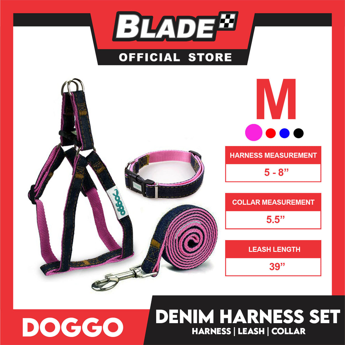 Doggo Strong Harness Set Denim Design Medium (Red) Harness, Leash and Collar for Your Dog