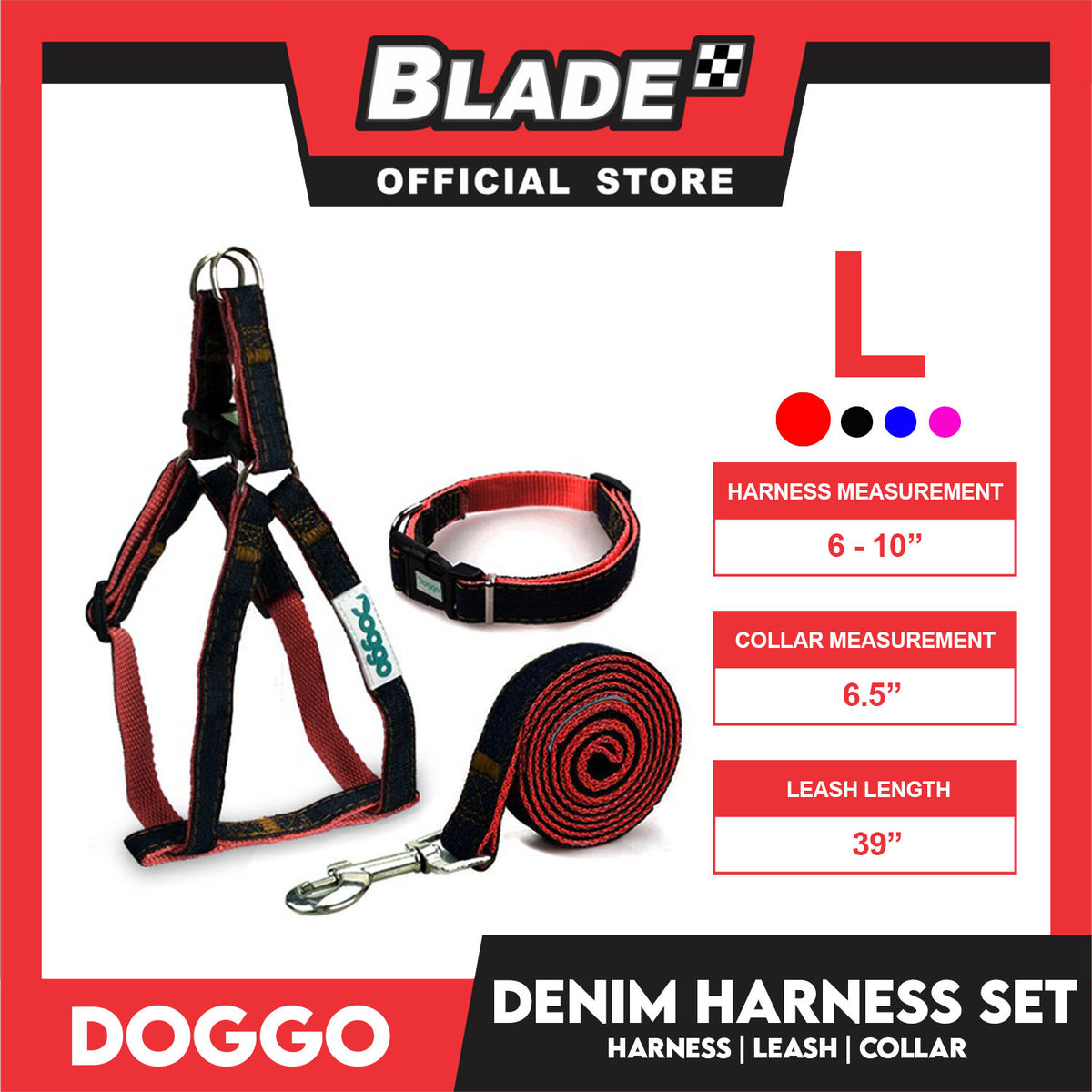 Doggo Strong Harness Set Denim Design Large (Red) Harness, Leash and Collar for Your Dog