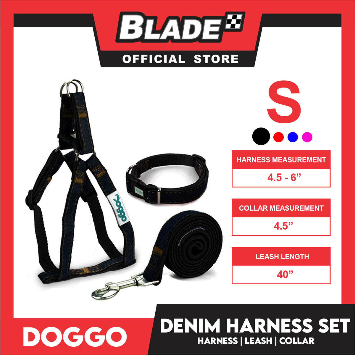Doggo Strong Harness Set Denim Design Small (Black) Harness, Leash and Collar for Your Dog