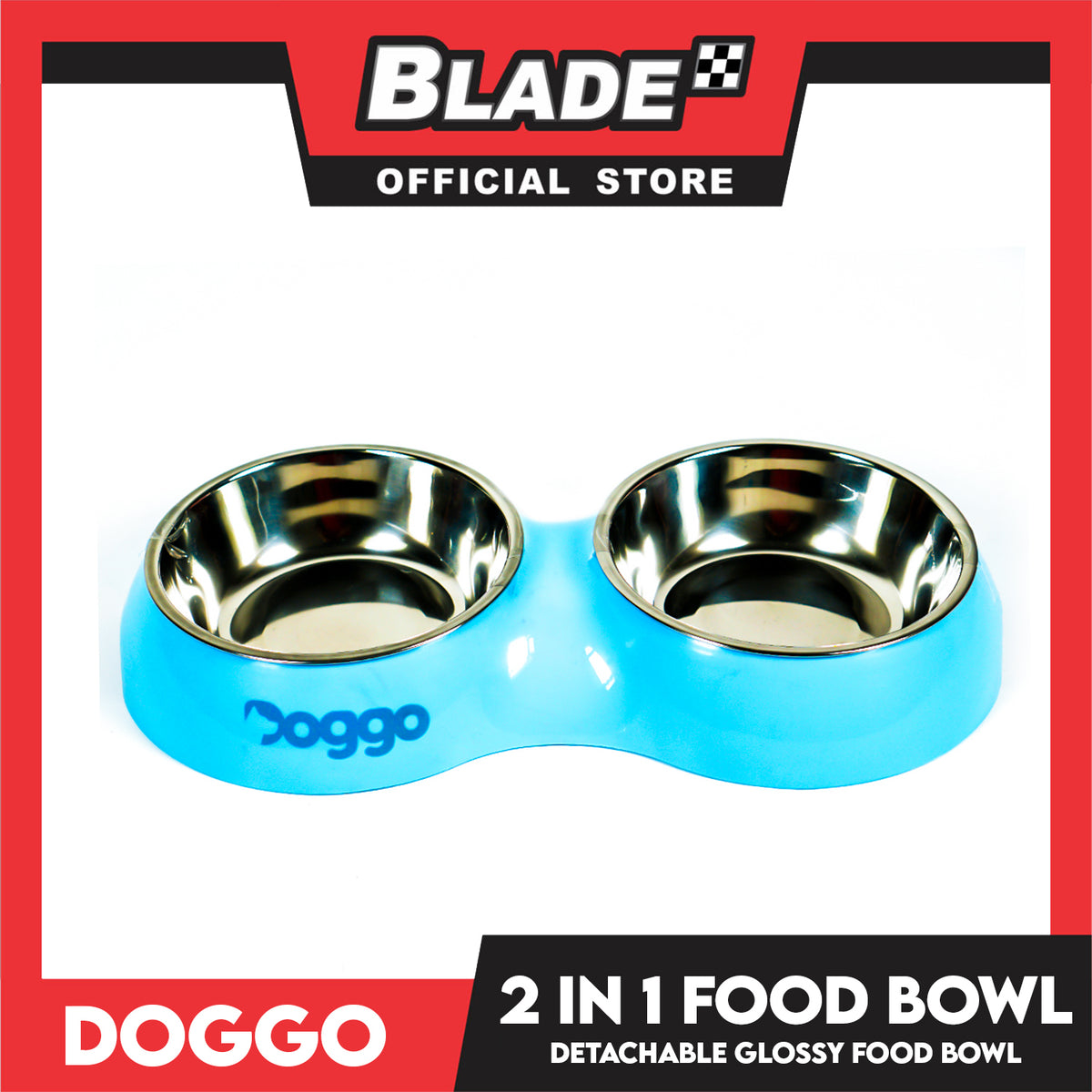 Doggo Glossy 2 in 1 Bowl (Blue) Thick Plastic Material Detachable Pet Feeding Bowl