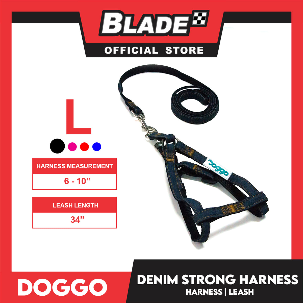 Doggo Denim Strong Harness Large (Black) Thick Leash and Straps for Your Dog