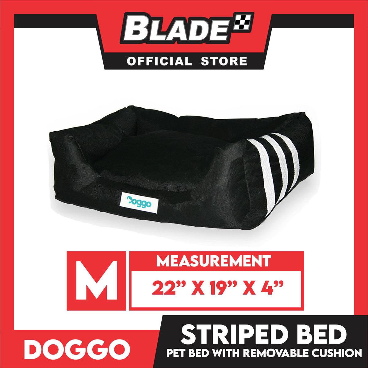 Doggo Striped Bed Black with White Striped (Medium) with Removable Cushion