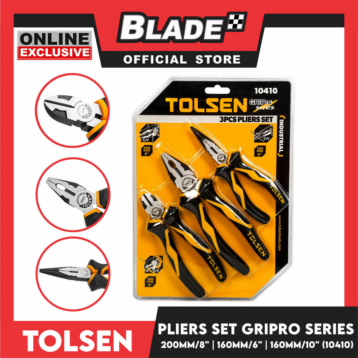 Tolsen 3pcs Pliers Set Diagonal Combination Long Pliers 10410