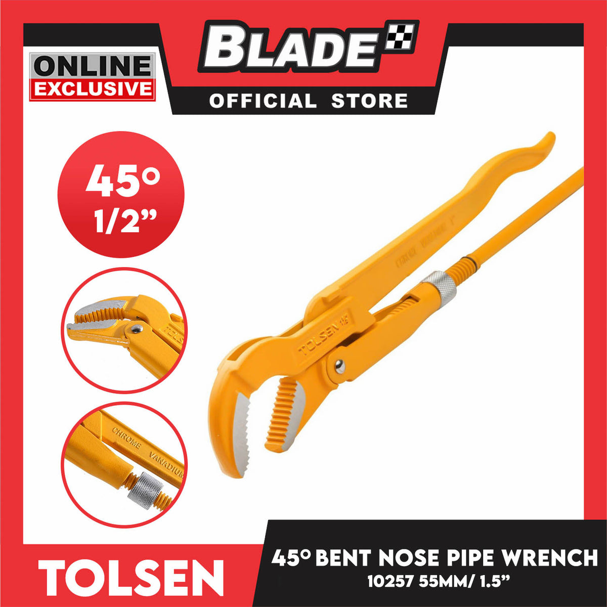 Tolsen 45'' Bent Nose Pipe Wrench 55mm 1.5'' (Industrial) 10257