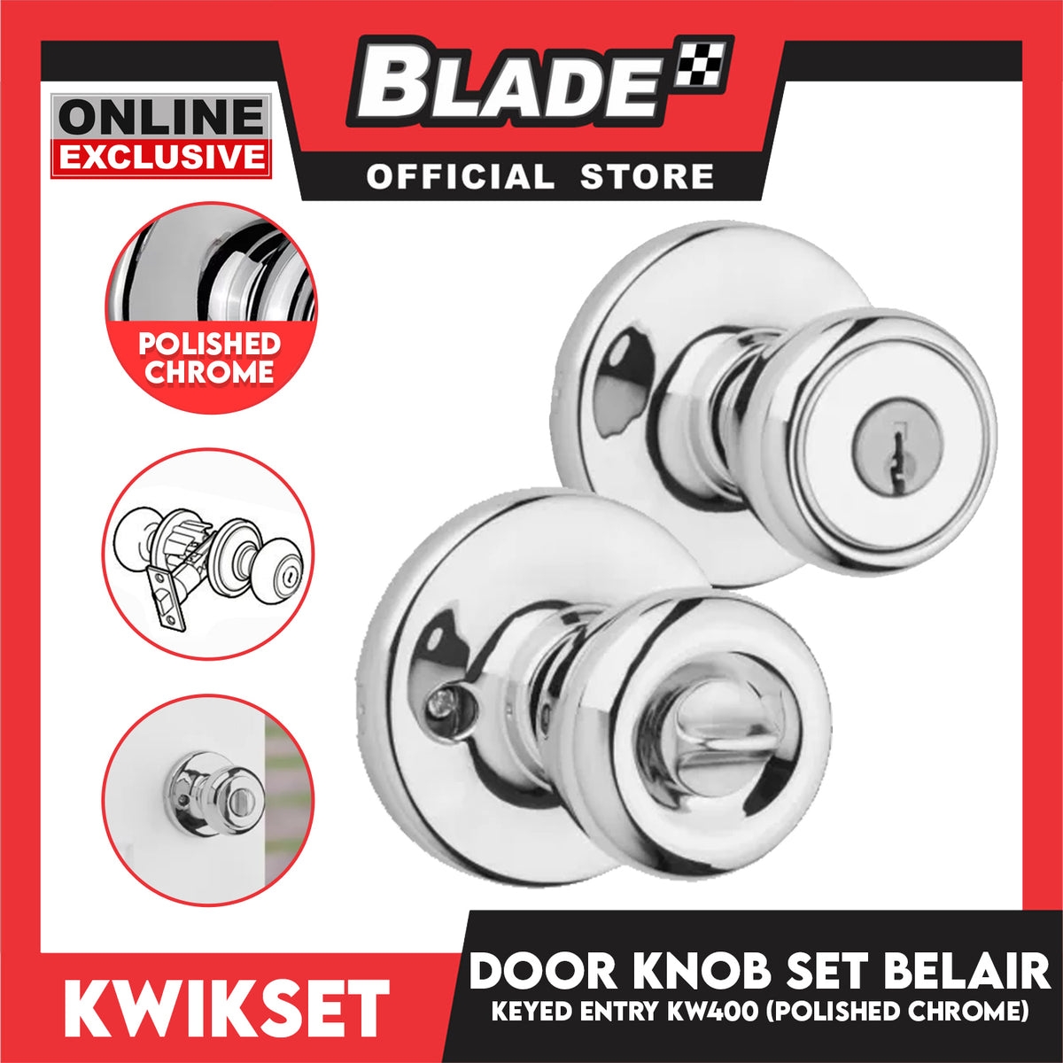Kwikset Keyed Entry KW400 Door Knob Set Belair (Polished Chrome)